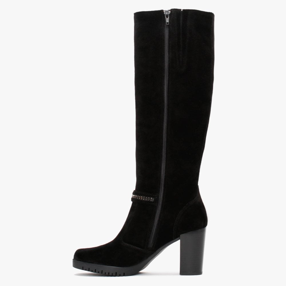 Leela Black Suede Buckle Strap Knee Boots