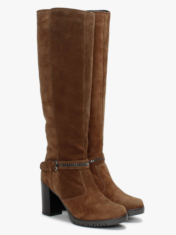 Leela Tan Suede Buckle Strap Knee Boots