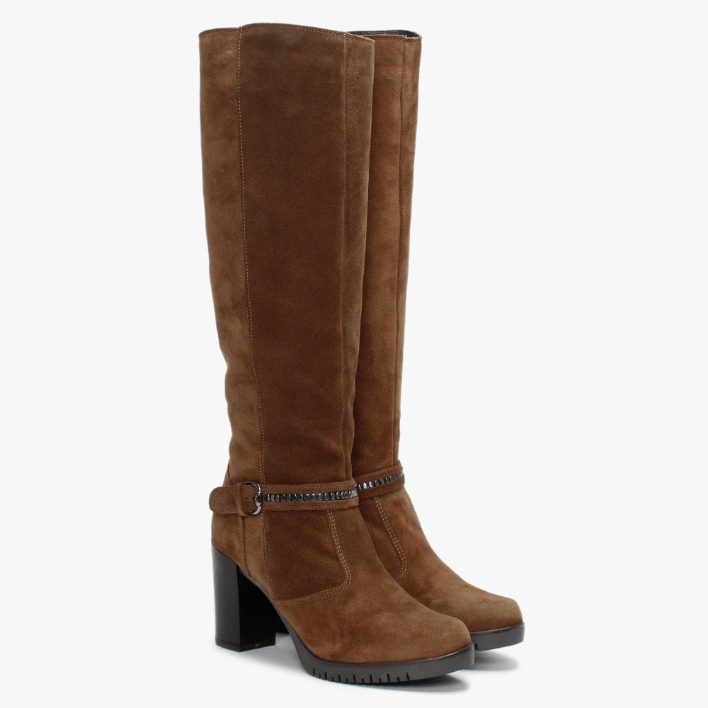 Leela Tan Suede Buckle Strap Knee Boots