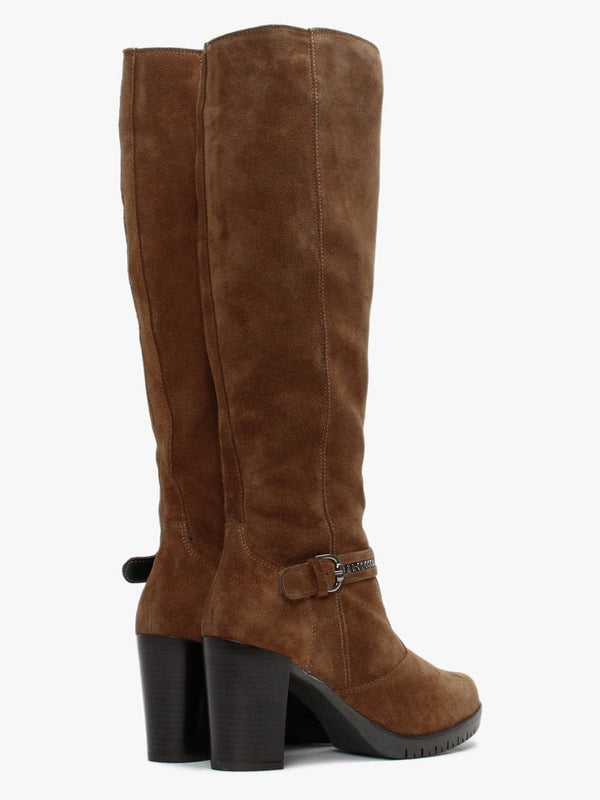 Leela Tan Suede Buckle Strap Knee Boots