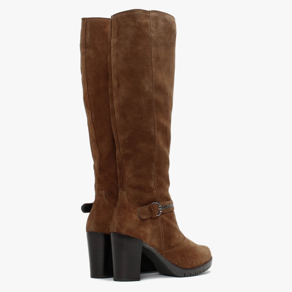 Leela Tan Suede Buckle Strap Knee Boots