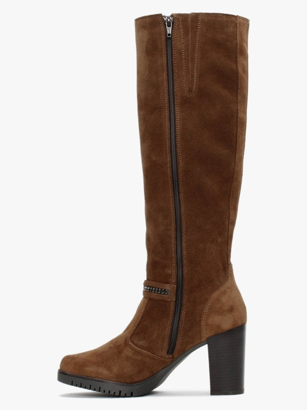 Leela Tan Suede Buckle Strap Knee Boots