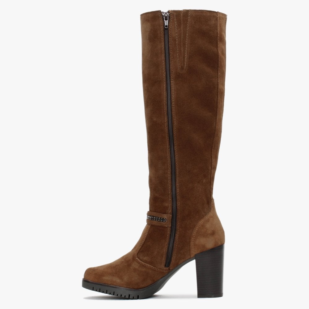 Leela Tan Suede Buckle Strap Knee Boots