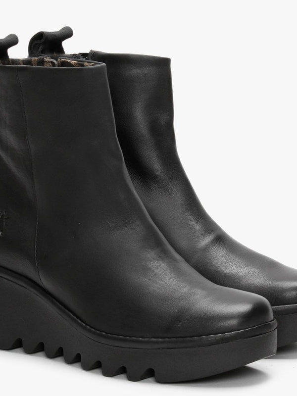 Bale Black Leather Wedge Ankle Boots