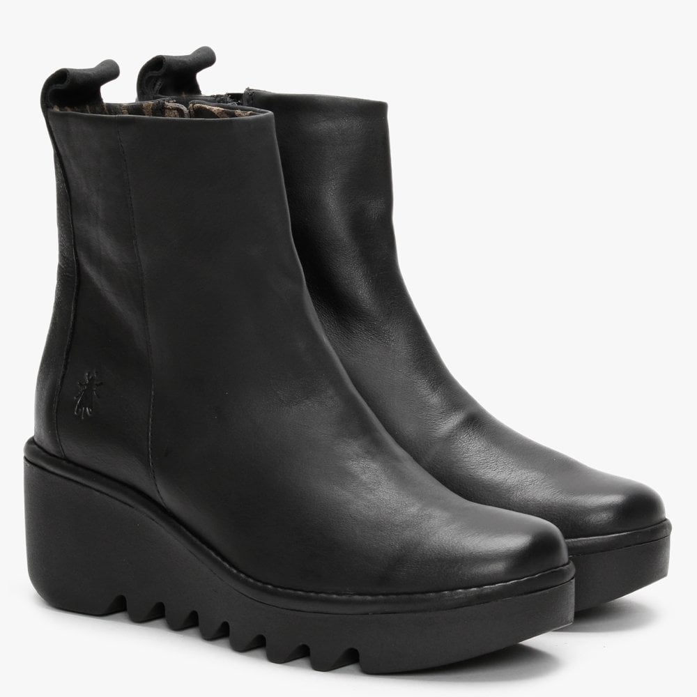 Bale Black Leather Wedge Ankle Boots