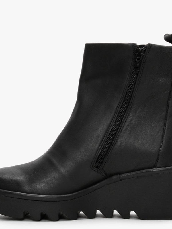 Bale Black Leather Wedge Ankle Boots
