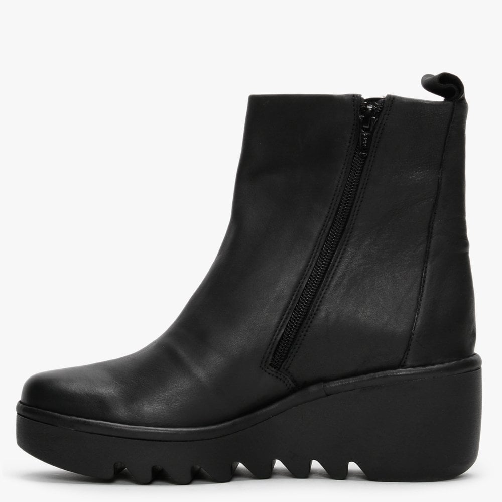 Bale Black Leather Wedge Ankle Boots