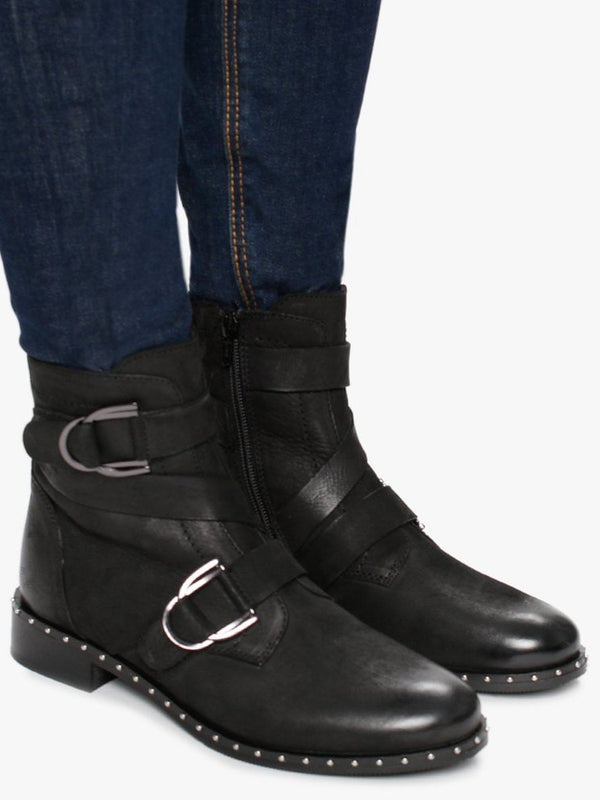 Sariah Black Leather Double Buckle Ankle Boots