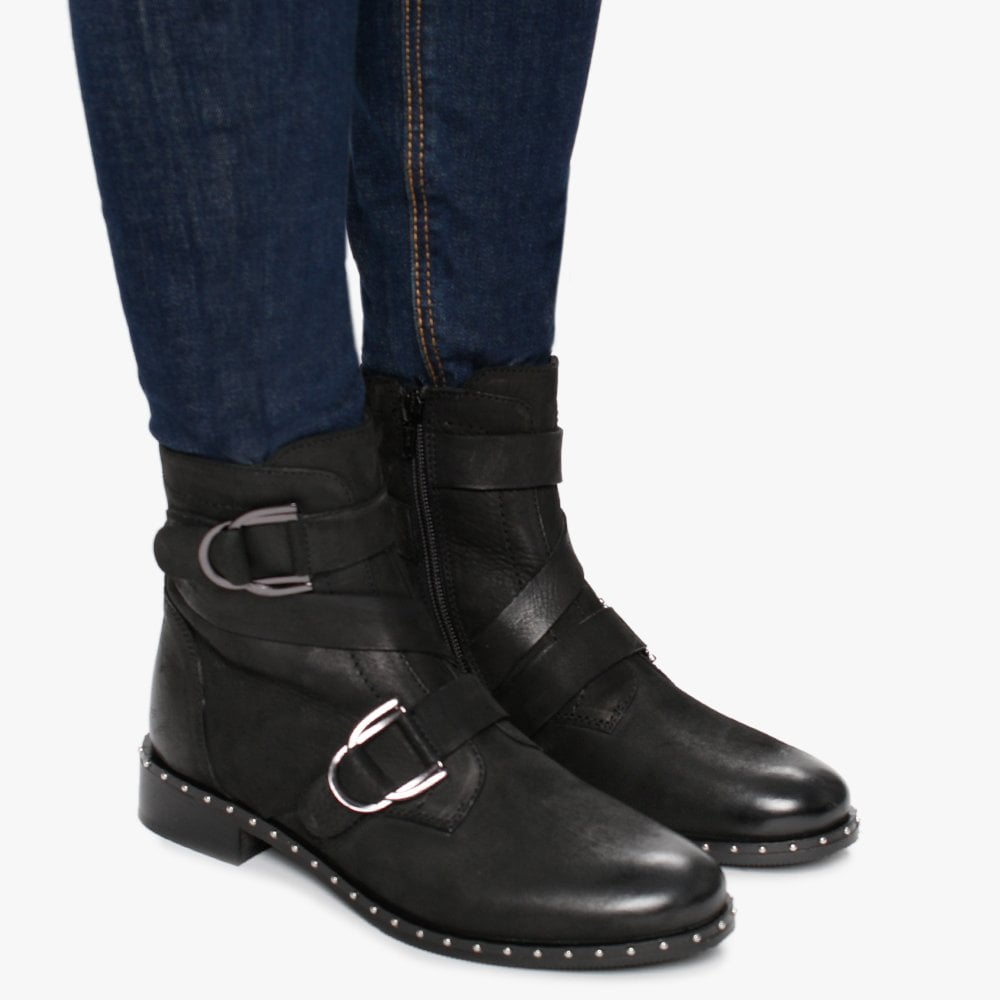 Sariah Black Leather Double Buckle Ankle Boots