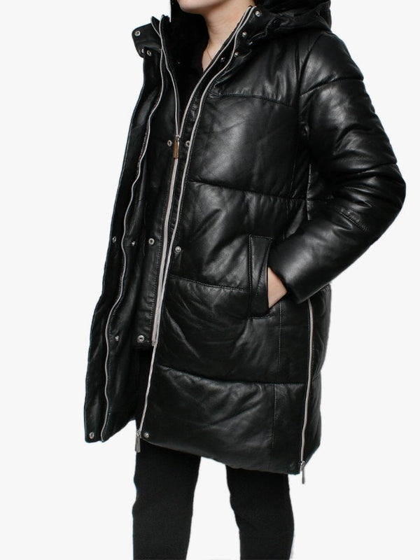Berry Black Leather Long Line Hooded Coat