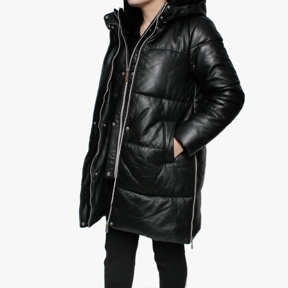Berry Black Leather Long Line Hooded Coat