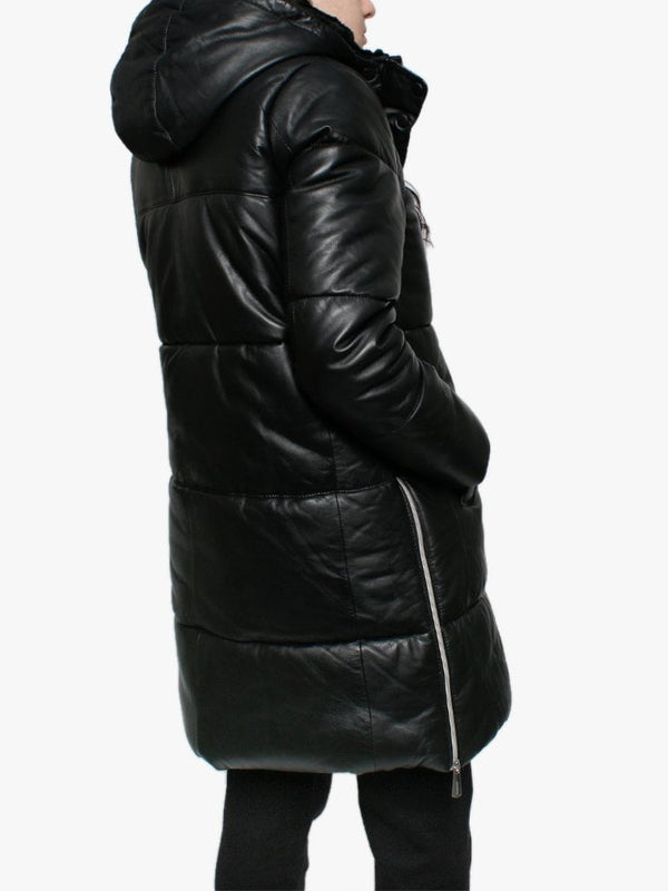 Berry Black Leather Long Line Hooded Coat