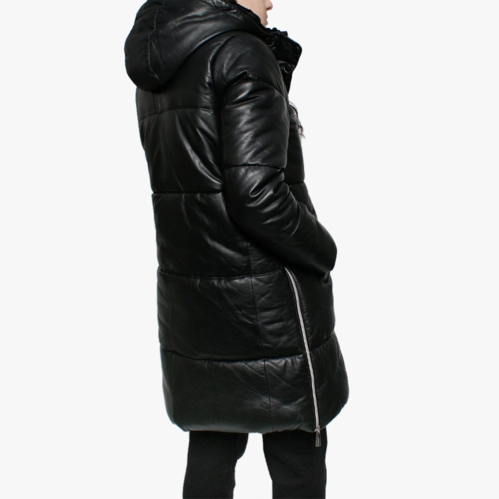 Berry Black Leather Long Line Hooded Coat