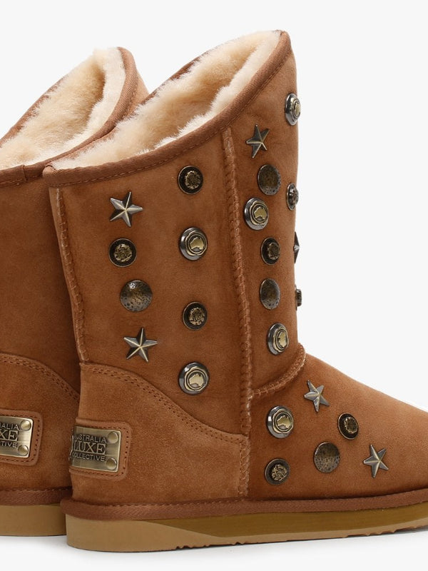 Angel Short Studded Tan Double-Face Sheepskin Ankle Boots
