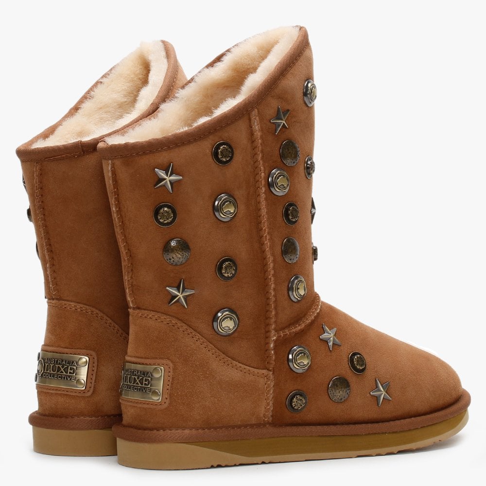 Angel Short Studded Tan Double-Face Sheepskin Ankle Boots