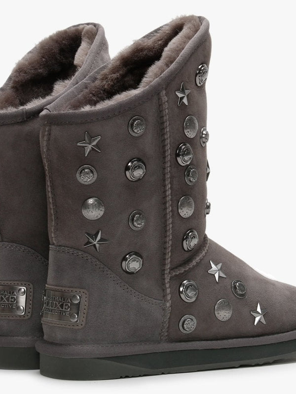 Angel Short Studded Grey Double-Face Sheepskin Ankle Boots