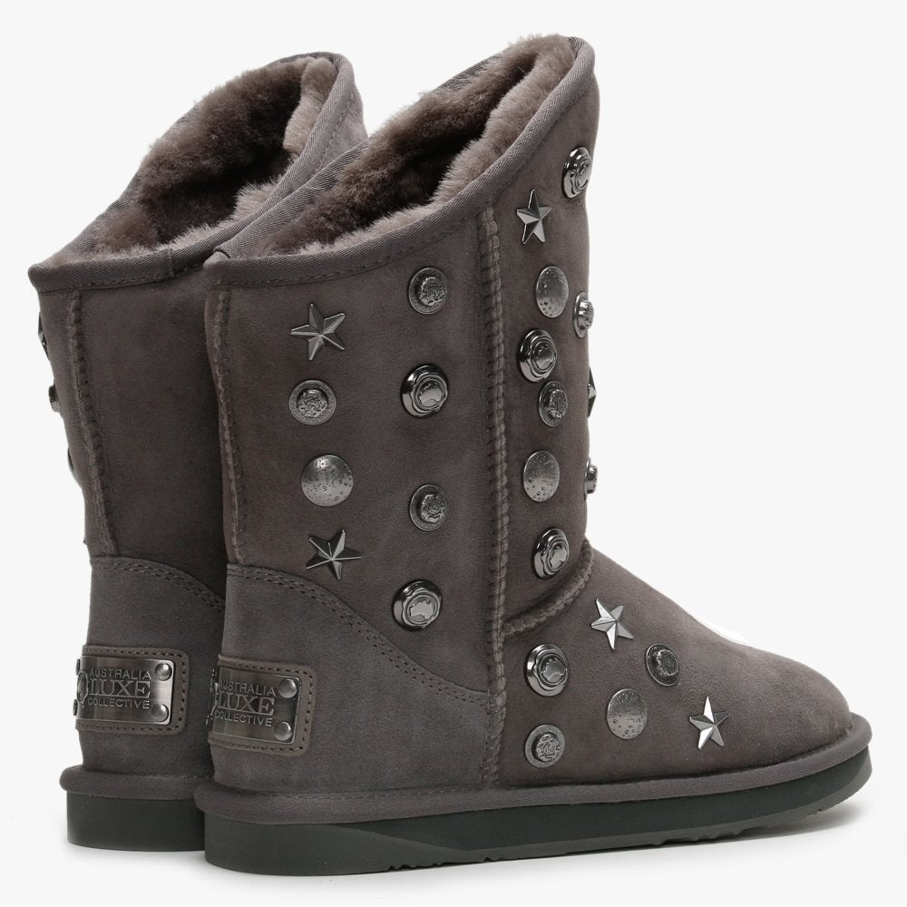Angel Short Studded Grey Double-Face Sheepskin Ankle Boots