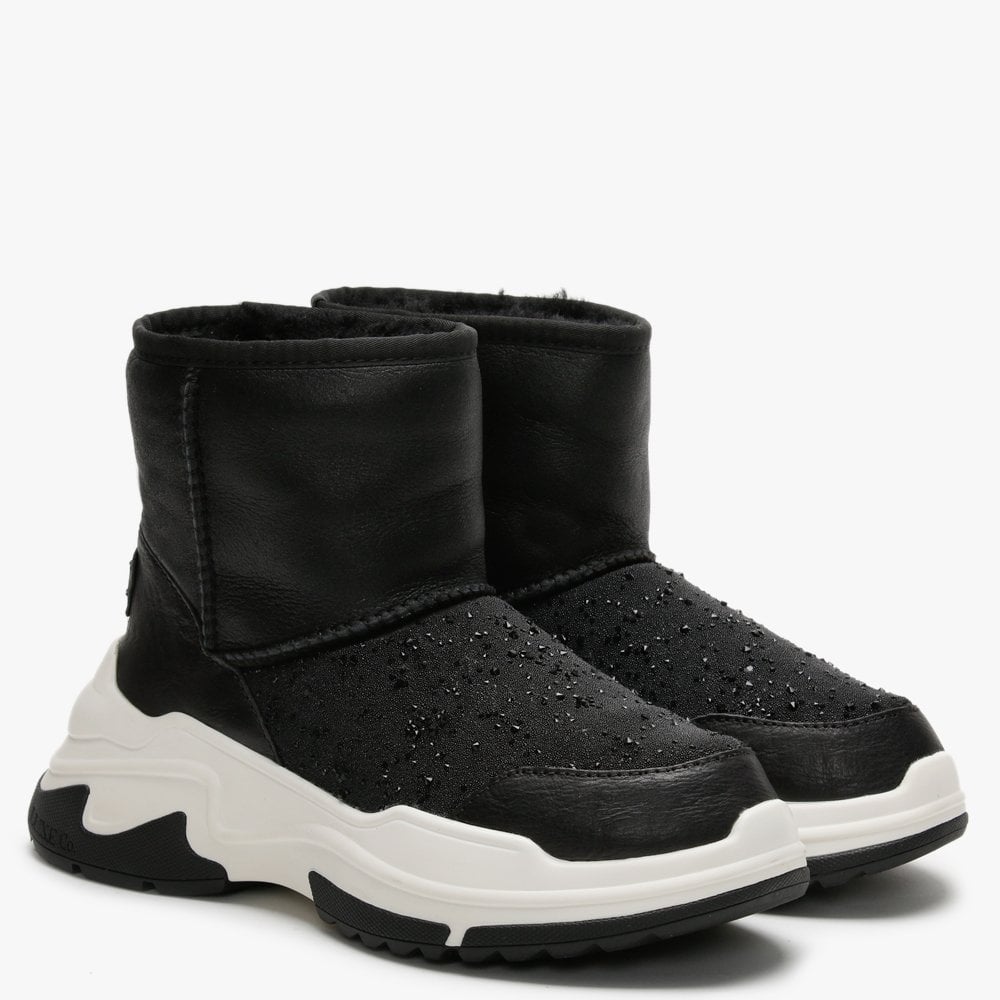 La X Cosy Black Leather Double-Face Sheepskin Embellished Ankle Boots