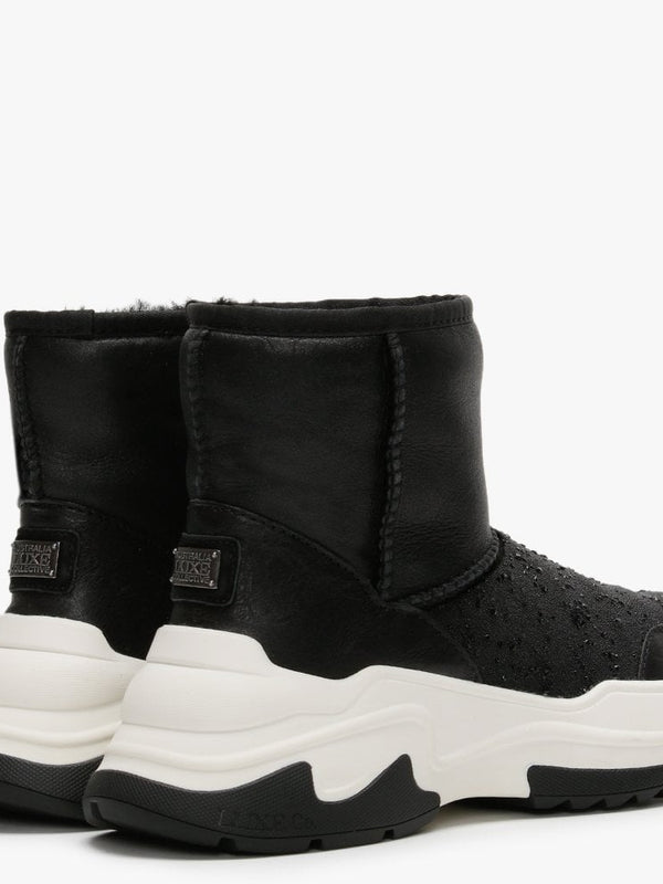 La X Cosy Black Leather Double-Face Sheepskin Embellished Ankle Boots