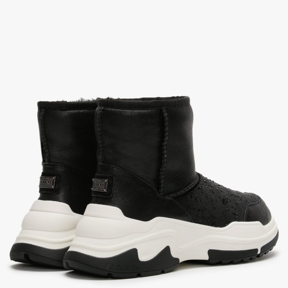 La X Cosy Black Leather Double-Face Sheepskin Embellished Ankle Boots