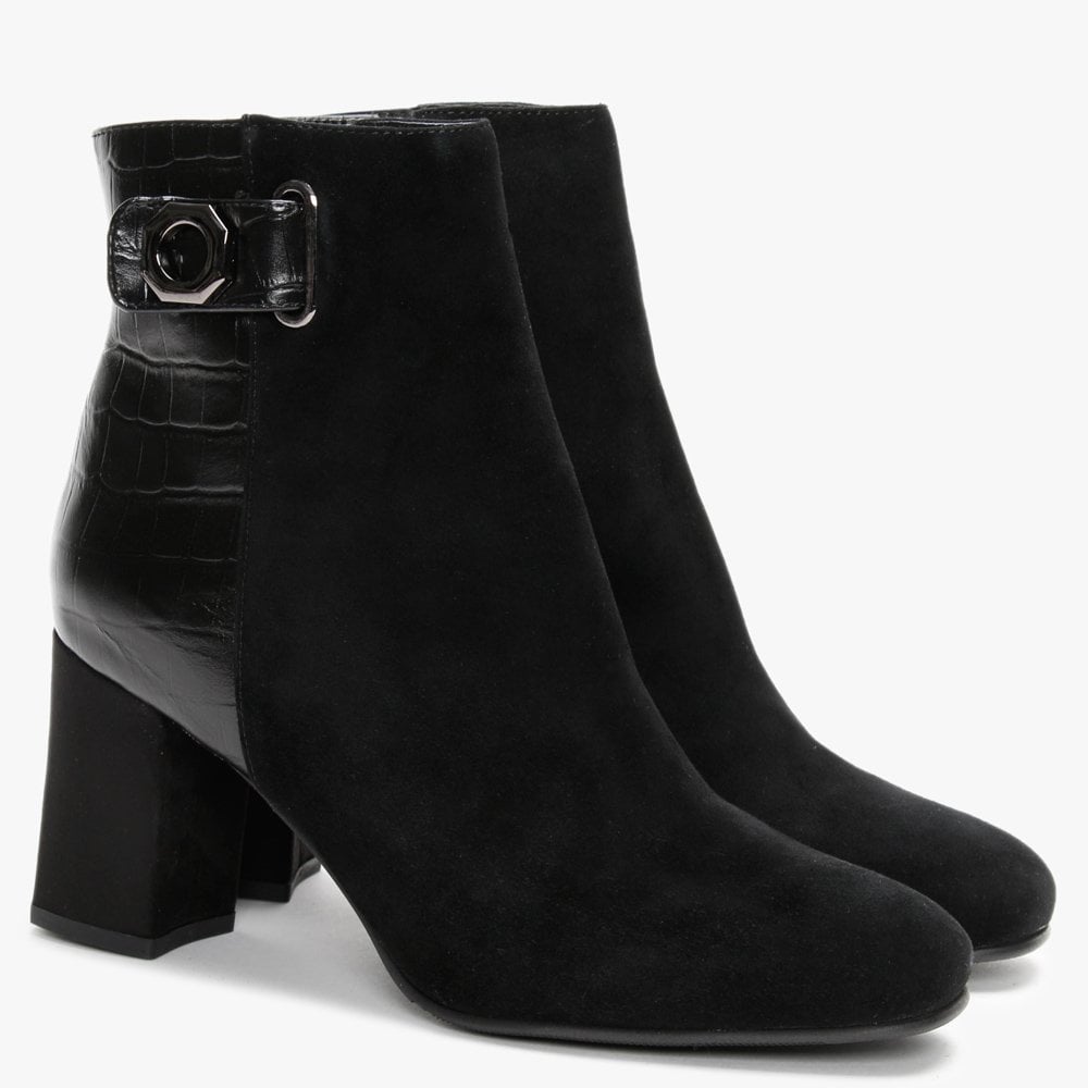 Rila Black Suede Moc Croc Ankle Boots