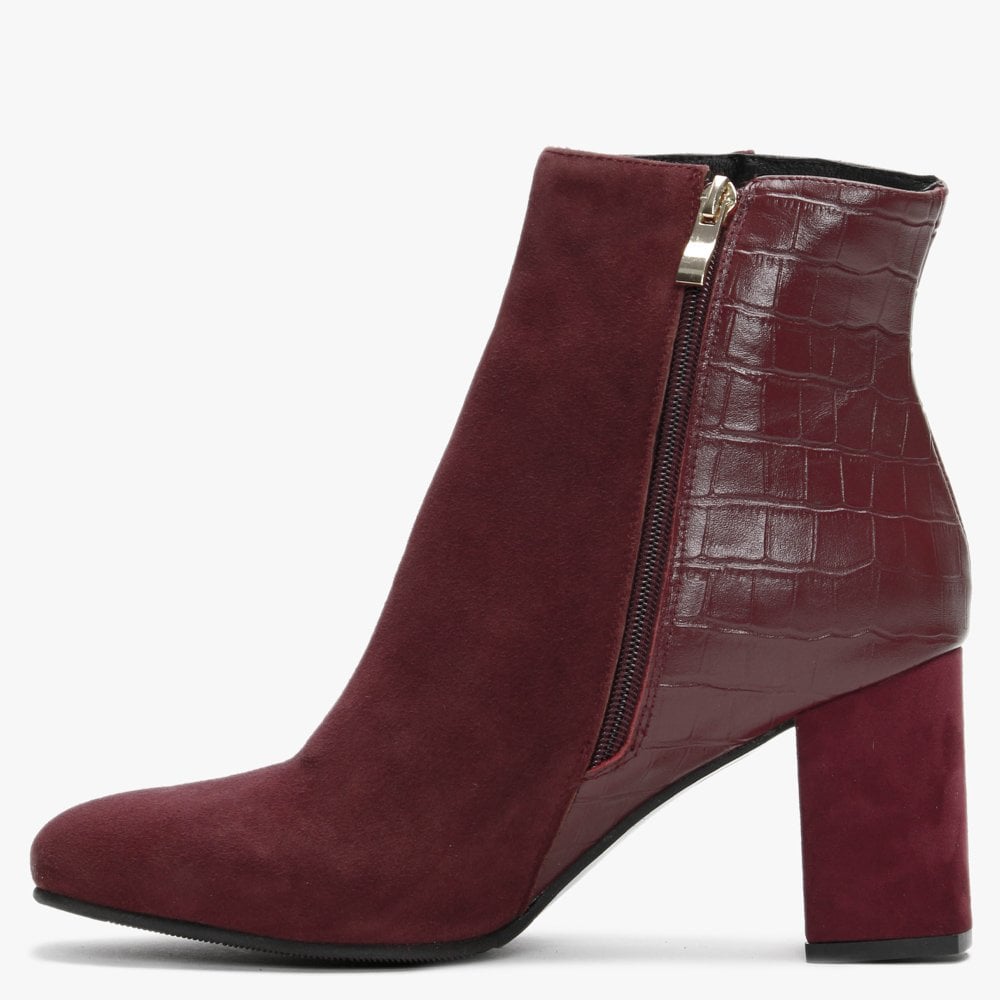 Rila Burgundy Suede Moc Croc Ankle Boots