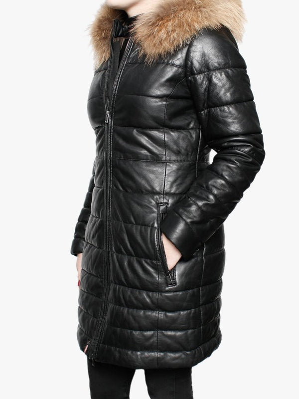 Mary Black Leather Long Line Quilted Jacket