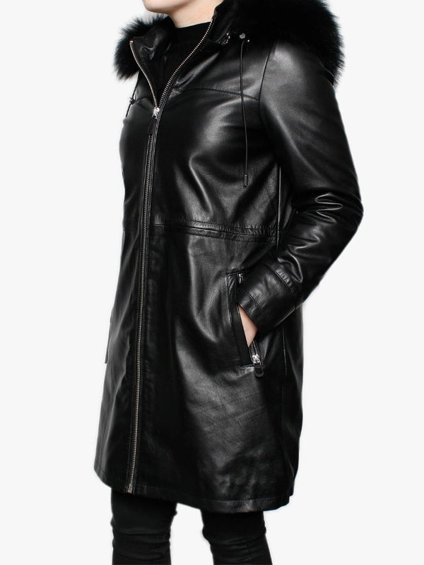 Lucciana Black Leather Longline Hooded Coat