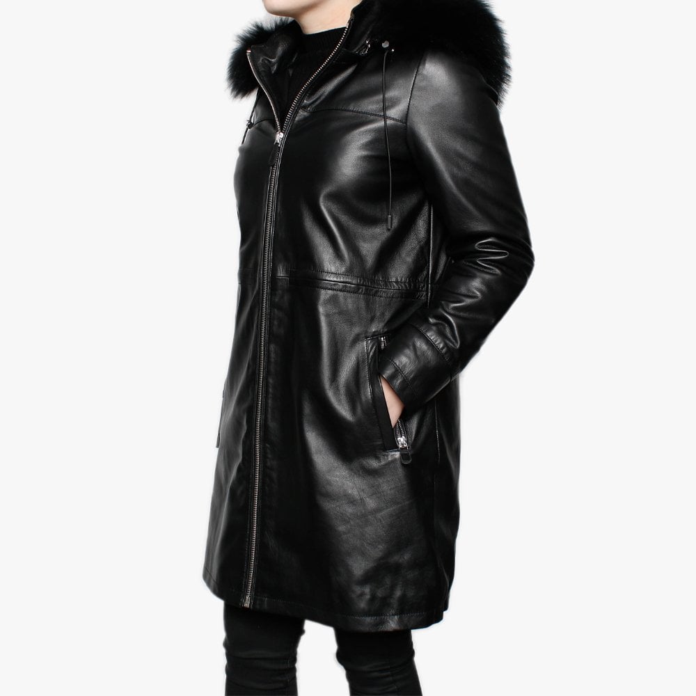 Lucciana Black Leather Longline Hooded Coat