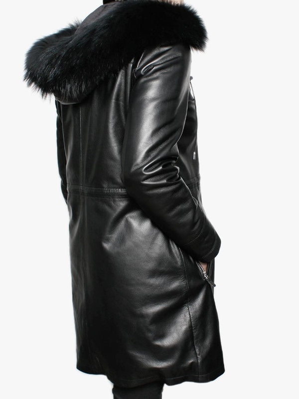 Lucciana Black Leather Longline Hooded Coat