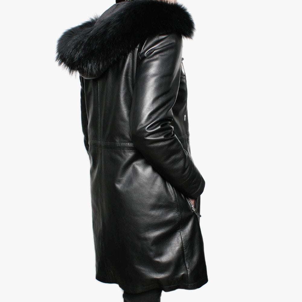 Lucciana Black Leather Longline Hooded Coat