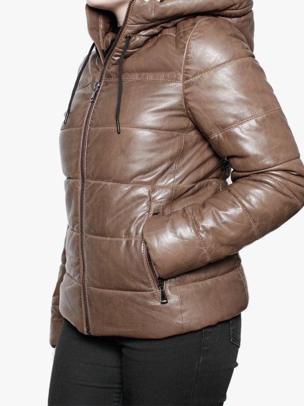 Mary Jessie Brown Leather Hooded Padded Bomber Jacket
