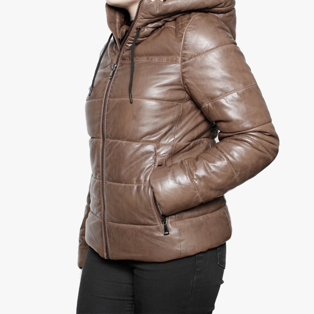Mary Jessie Brown Leather Hooded Padded Bomber Jacket