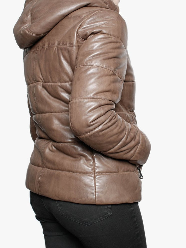 Mary Jessie Brown Leather Hooded Padded Bomber Jacket