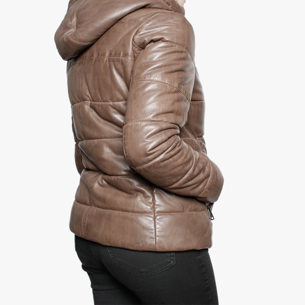 Mary Jessie Brown Leather Hooded Padded Bomber Jacket