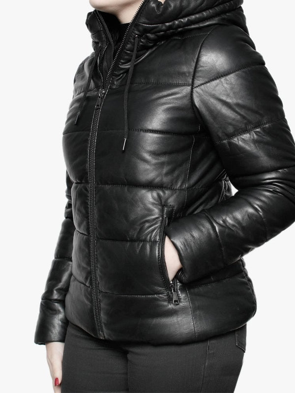 Mary Jessie Black Leather Hooded Padded Bomber Jacket