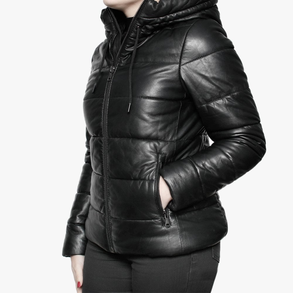 Mary Jessie Black Leather Hooded Padded Bomber Jacket
