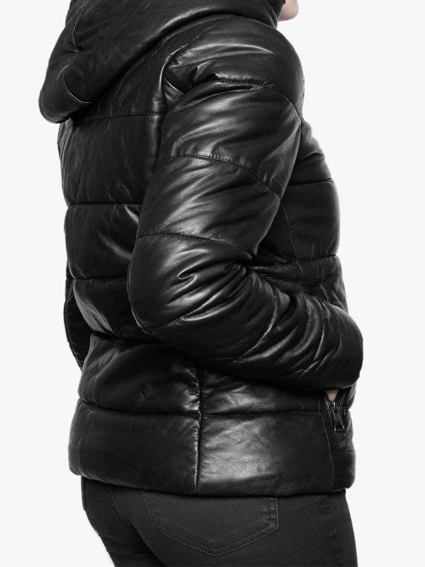 Mary Jessie Black Leather Hooded Padded Bomber Jacket