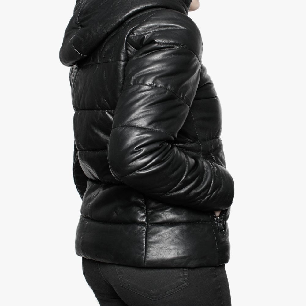Mary Jessie Black Leather Hooded Padded Bomber Jacket