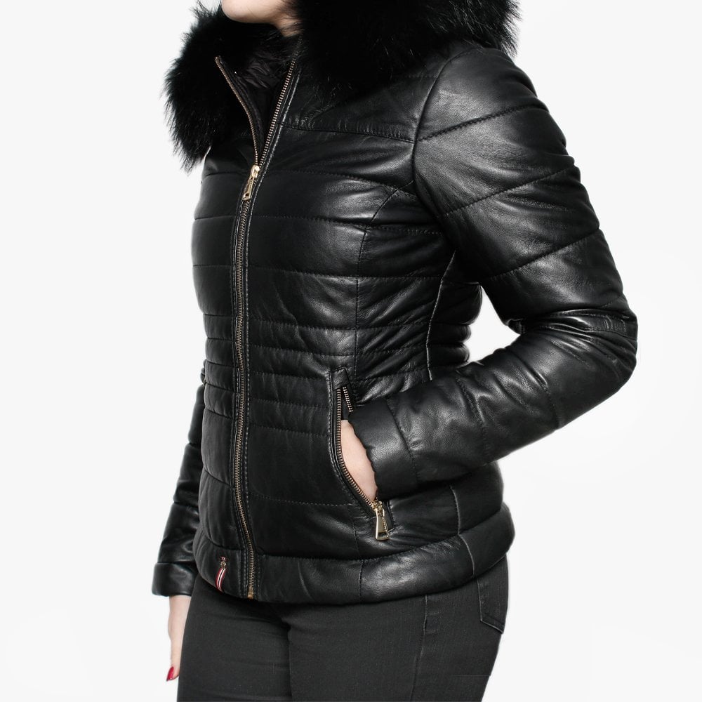 Jelly Quilted Black Leather Hooded Jacket