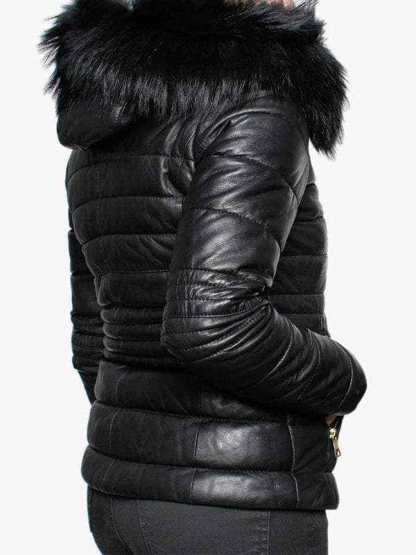 Jelly Quilted Black Leather Hooded Jacket