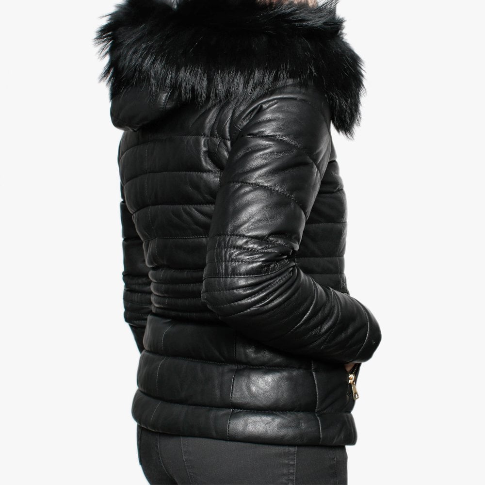Jelly Quilted Black Leather Hooded Jacket