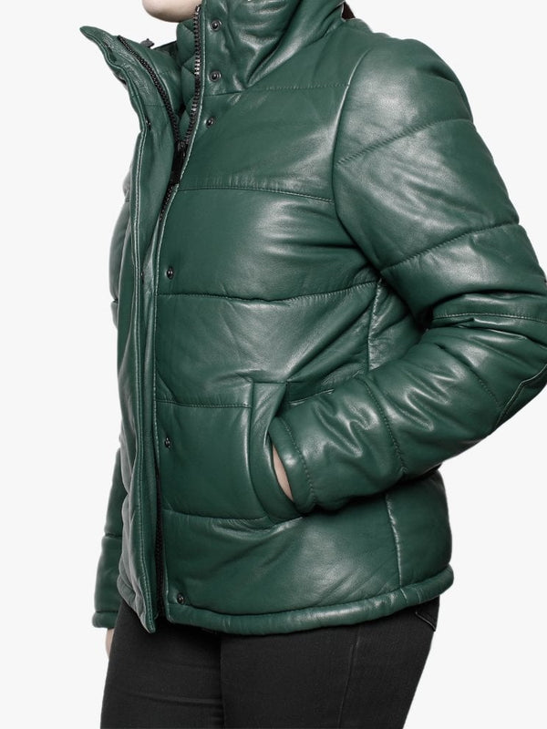 Dolly Green Leather Padded Bomber Jacket