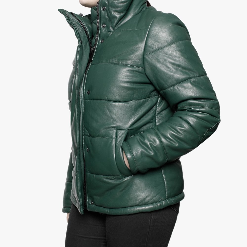 Dolly Green Leather Padded Bomber Jacket