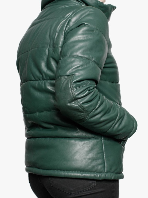 Dolly Green Leather Padded Bomber Jacket