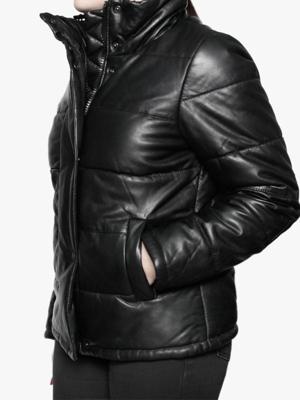 Dolly Black Leather Padded Bomber Jacket