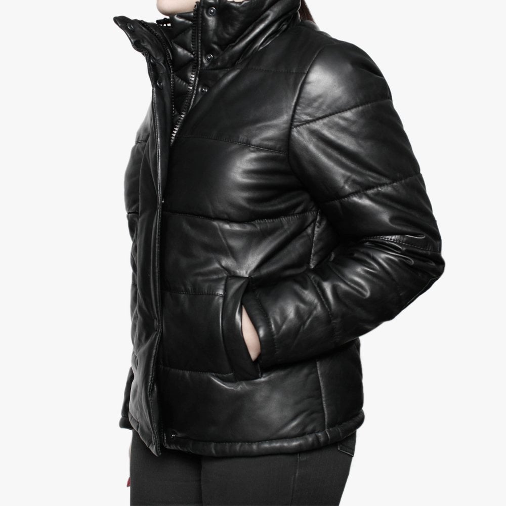 Dolly Black Leather Padded Bomber Jacket