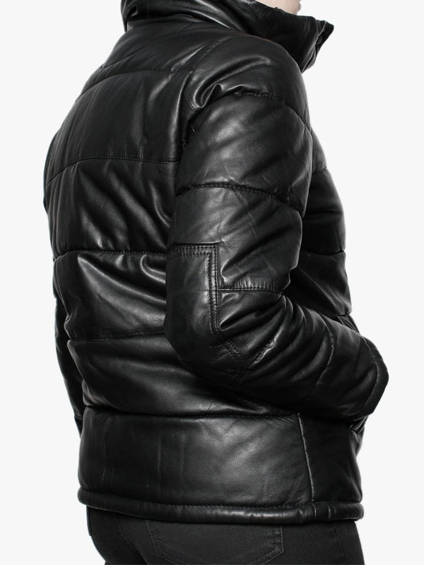 Dolly Black Leather Padded Bomber Jacket