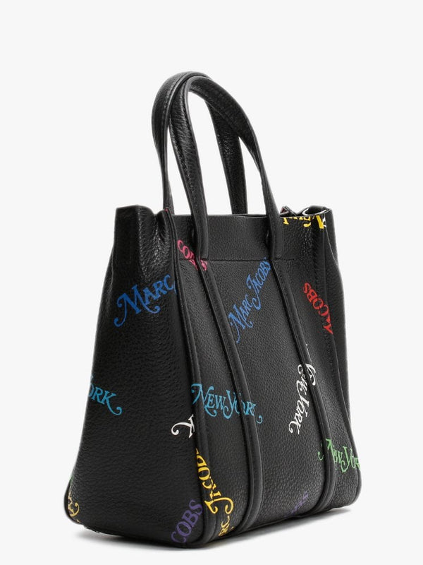 Tag 21 Black Multi Logo Pebbled Leather Tote Bag