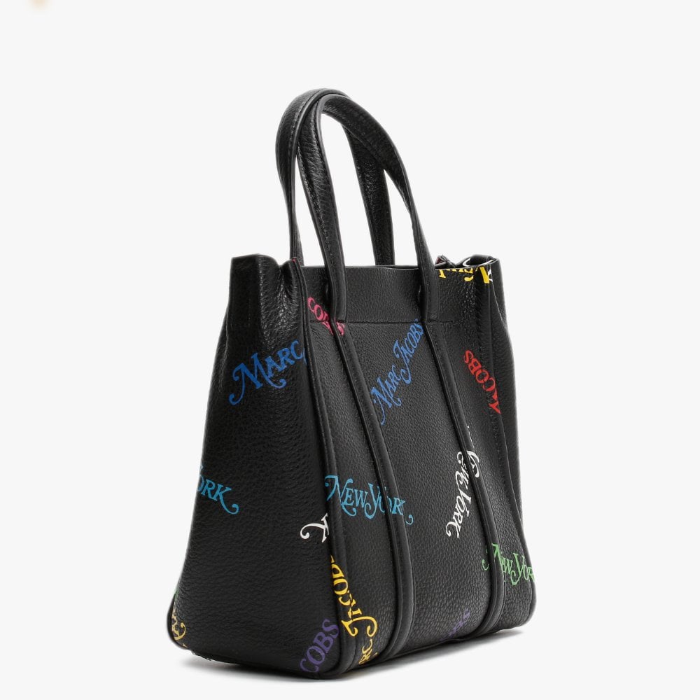 Tag 21 Black Multi Logo Pebbled Leather Tote Bag